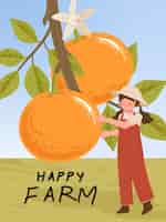 Vector gratuito personajes de dibujos animados de granjero con cosecha de cítricos naranjas en ilustraciones de carteles de granja
