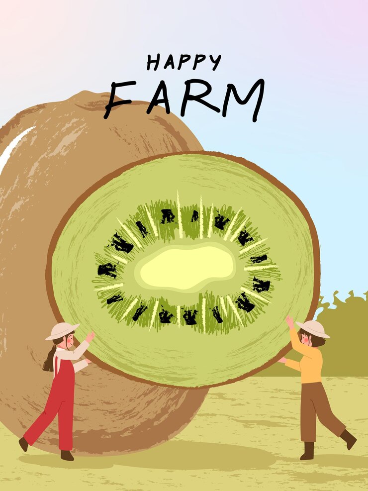 Vector gratuito personajes de dibujos animados de granjero con cosecha de kiwis en ilustraciones de carteles de granja