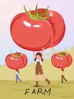 Vector gratuito personajes de dibujos animados de granjero con cosecha de tomate en ilustraciones de carteles de granja