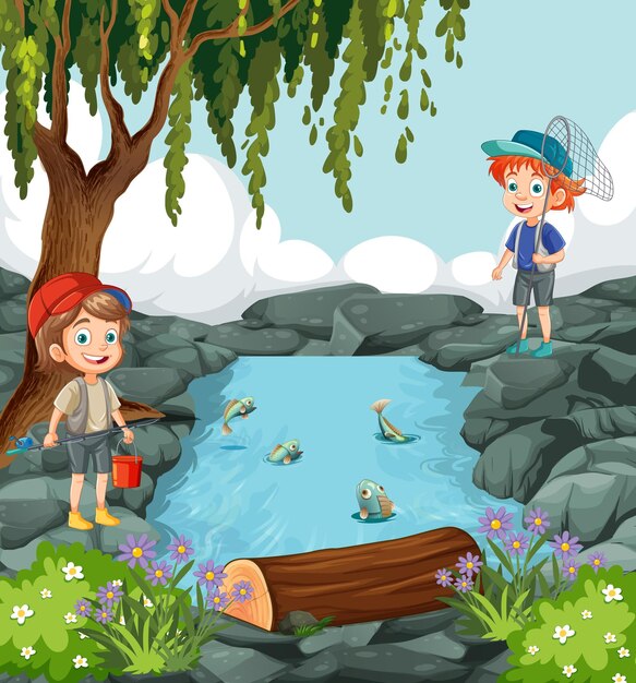 Personajes de dibujos animados para niños explorando el estanque en la escena del bosque