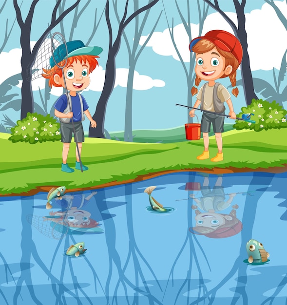 Personajes de dibujos animados para niños explorando el estanque en la escena del bosque