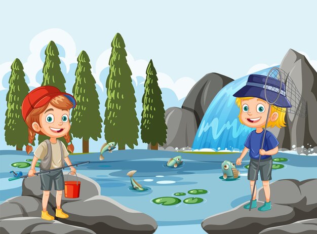 Personajes de dibujos animados para niños explorando el estanque en la escena del bosque