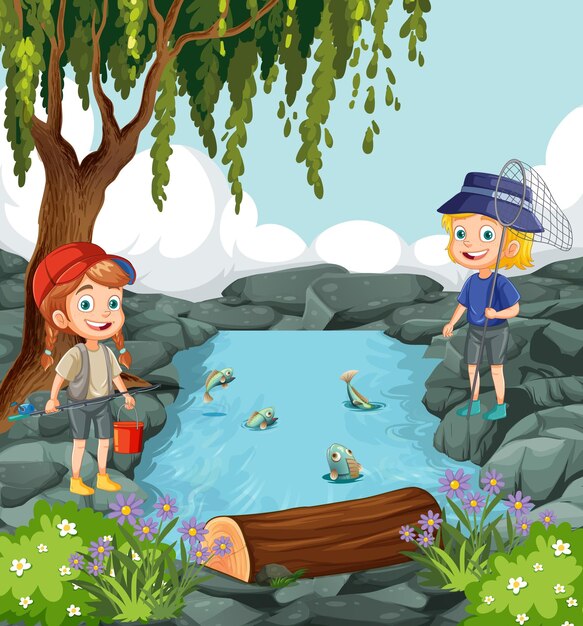 Personajes de dibujos animados para niños explorando un estanque en una escena forestal