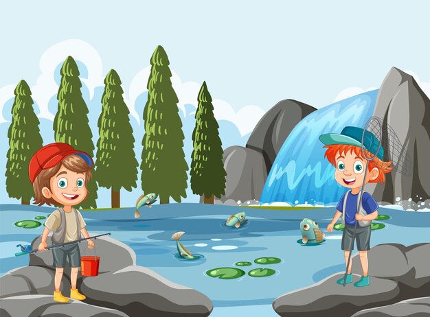 Personajes de dibujos animados para niños explorando un estanque en una escena forestal