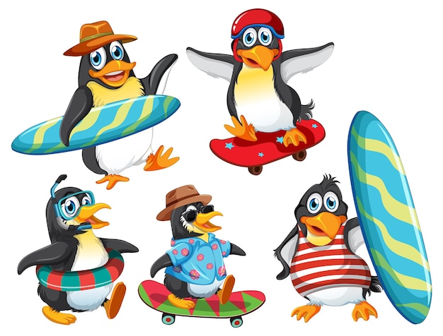 Personajes de dibujos animados de pingüinos en tema de verano