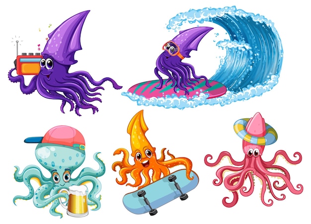 Personajes de dibujos animados de pulpo y calamar en tema de verano