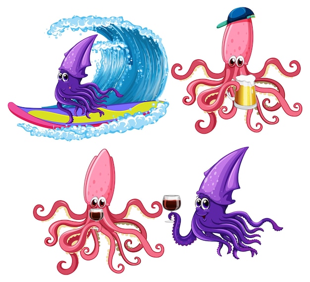 Vector gratuito personajes de dibujos animados de pulpo y calamar en tema de verano