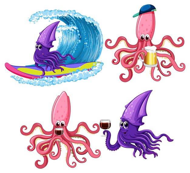 Personajes de dibujos animados de pulpo y calamar en tema de verano