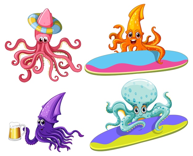 Vector gratuito personajes de dibujos animados de pulpo y calamar en tema de verano
