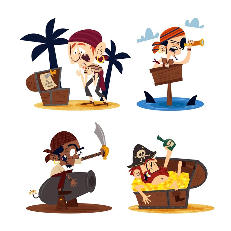 Vector gratuito personajes de dibujos animados retro dibujados a mano con piratas