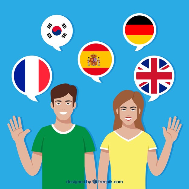 Personajes de diseño plano hablando distintos idiomas