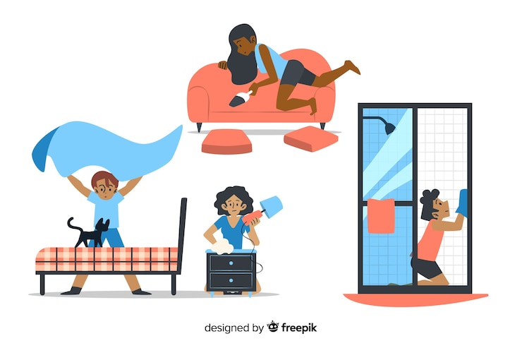 Vector gratuito personajes de diseño plano haciendo tareas domésticas
