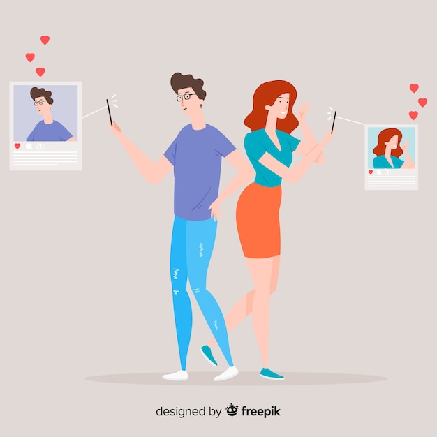 Vector gratuito personajes de diseño plano tomando selfies