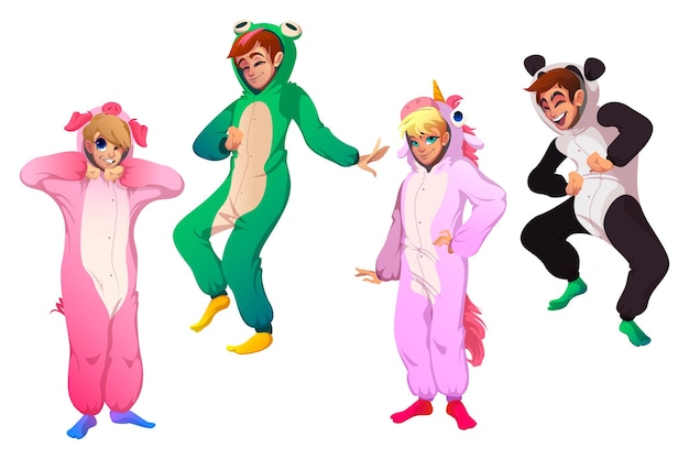 Vector gratuito personajes en disfraces de animales, gente en kigurumi en fiesta de pijamas. conjunto de dibujos animados de vector de hombres y mujeres felices en pijamas divertidos de cerdo, unicornio, rana y panda aislado sobre fondo blanco