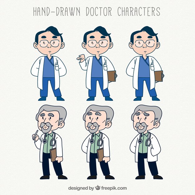 Personajes de doctores con estilo de dibujo a mano