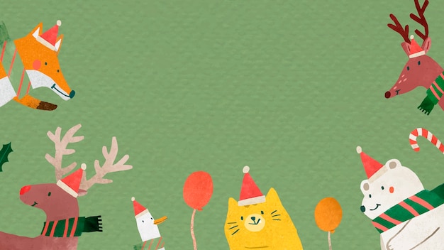Personajes de doodle de animales de Navidad sobre fondo verde