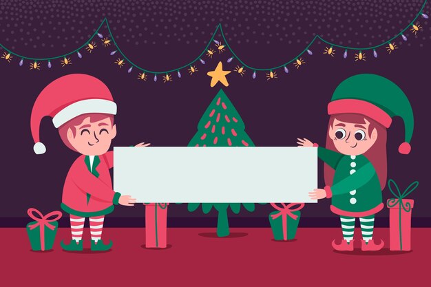 Personajes de elfos de Navidad sosteniendo pancartas en blanco