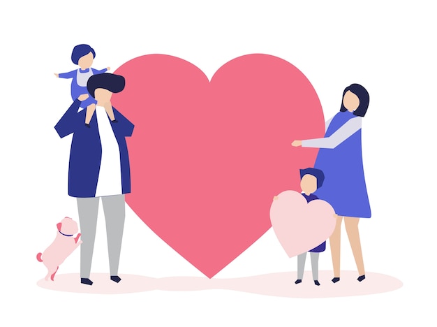 Vector gratuito personajes de una familia con una ilustración de forma de corazón