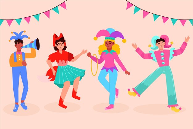 Personajes felices con disfraces de carnaval.