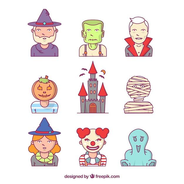 Personajes de halloween dibujados a mano