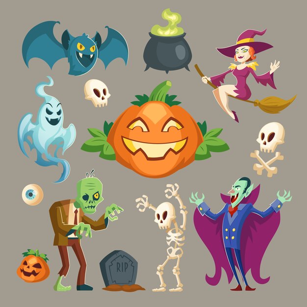Personajes de Halloween: vampiros miedosos, zombies verdes fantasmales y brujas bonitas.