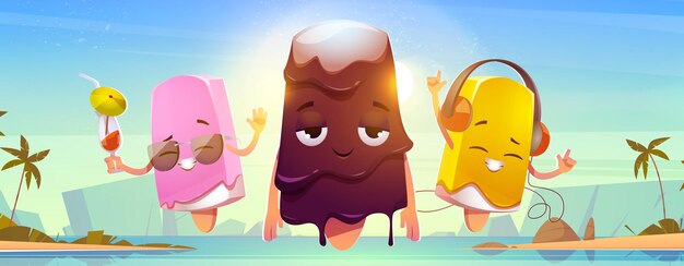 Personajes de helado en la playa del mar de verano, paleta