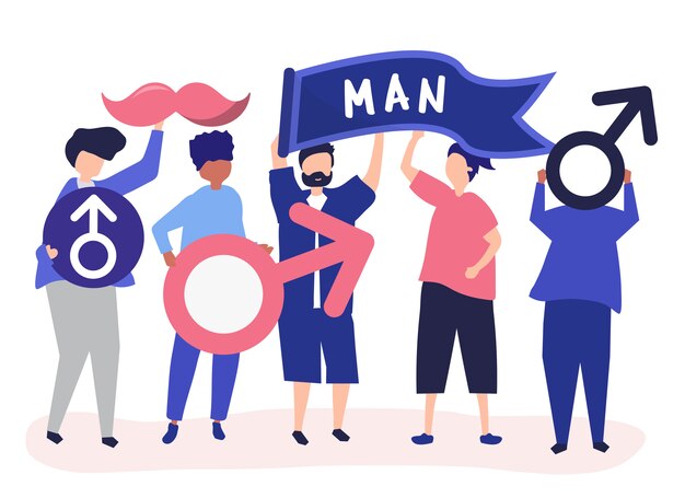 Personajes de hombres sosteniendo íconos masculinos.