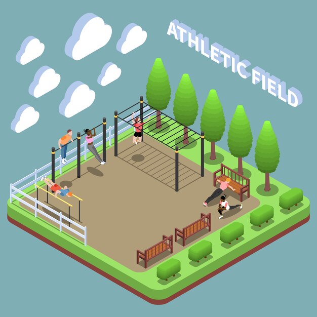 Personajes humanos durante ejercicios al aire libre en el campo de deportes composición isométrica en turquesa
