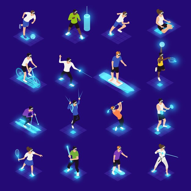 Personajes humanos en gafas vr durante varios iconos isométricos de actividad deportiva en azul