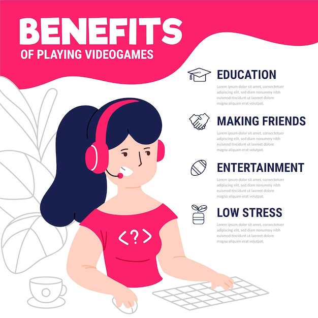 Vector gratuito personajes jugando videojuegos beneficios infografía