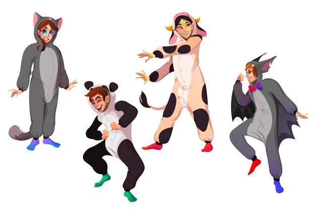 Personajes en kigurumi, personas con disfraces de animales en fiesta de pijamas. Conjunto de dibujos animados de vector de hombres y mujeres felices en pijamas divertidos de vaca, gato, murciélago y panda aislado sobre fondo blanco