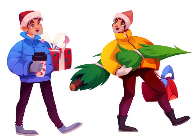 Los personajes masculinos de dibujos animados llevan compras navideñas
