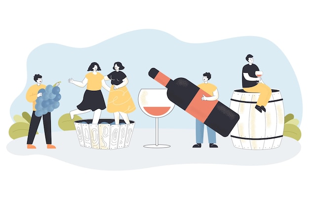 Personajes masculinos y femeninos que producen vino, sostienen la vid, se sientan en un barril y beben alcohol. gente de dibujos animados en proceso de ilustración de vector plano de vinificación natural. concepto de vino ecológico