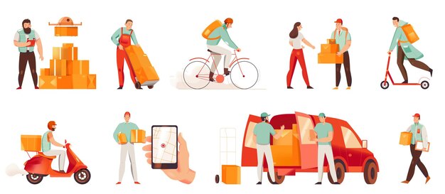 Los personajes de mensajería masculinos del servicio de entrega que entregan mercancías en un vehículo teledirigido, motocicleta, moto, bicicleta a pie, iconos planos, establecen ilustraciones vectoriales aisladas