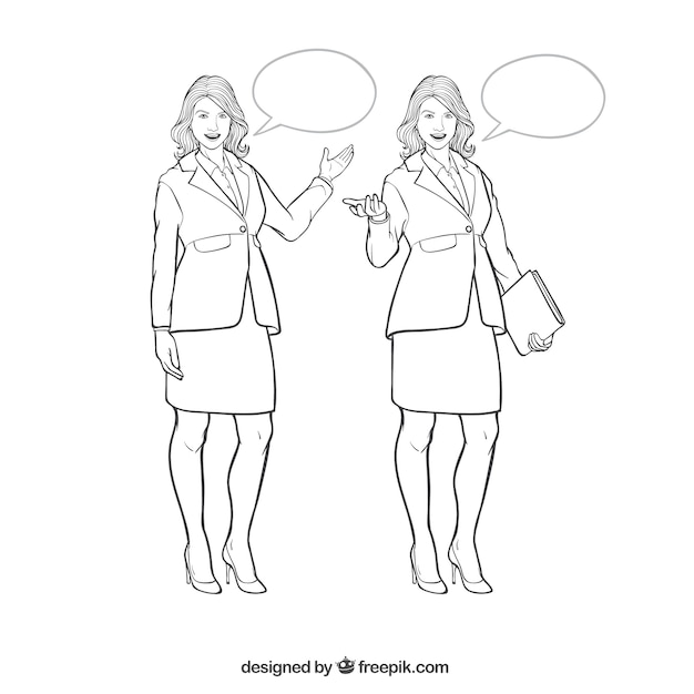 Personajes de mujer de negocios expresiva con burbujas de discurso