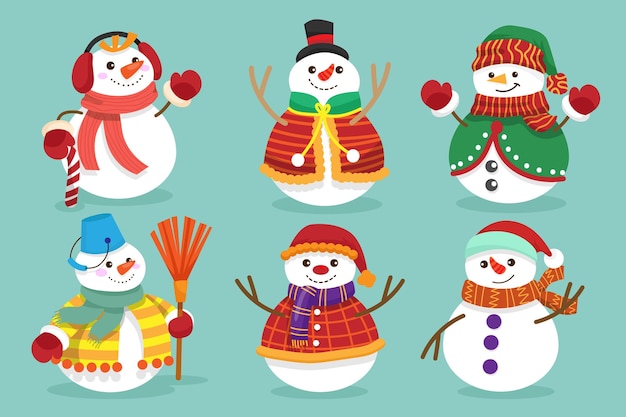 Vector gratuito personajes de muñecos de nieve en varias poses y escenas elemento recortado de feliz navidad