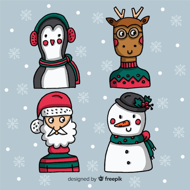 Vector gratuito personajes de navidad con nieve en el fondo