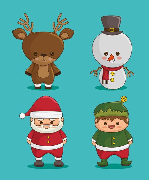 Personajes navideños: ciervos, muñeco de nieve, santa claus y duende