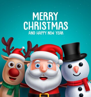 Personajes navideños ilustración vectorial y feliz navidad saludo reno de santa claus