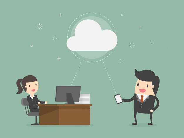 Personajes de negocios compartiendo información