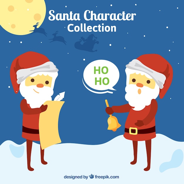 Vector gratuito personajes de papá noel sujetando un pergamino y una campana