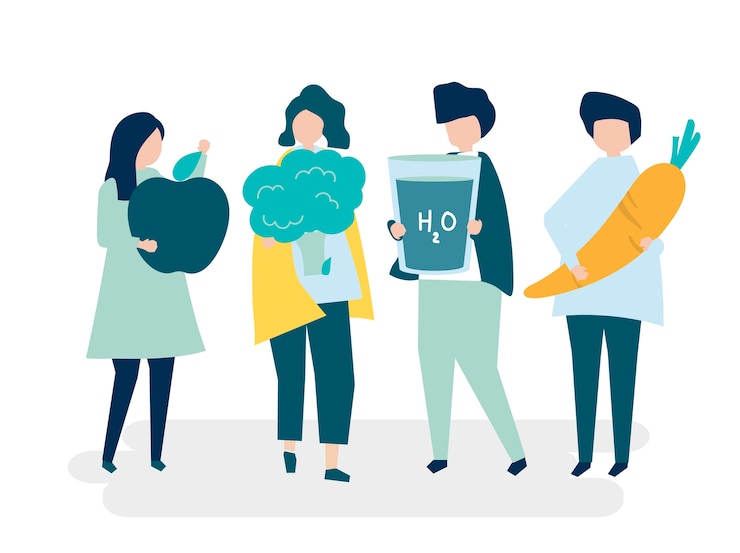 Vector gratuito personajes de personas con comida saludable ilustración