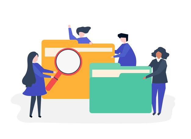Personajes de personas que buscan en archivos.