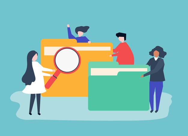 Personajes de personas que buscan en archivos.