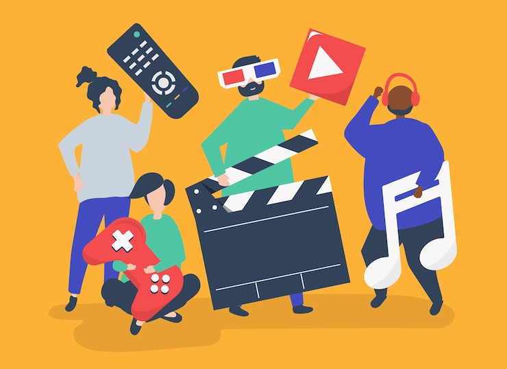 Vector gratuito personajes de personas sosteniendo la ilustración de iconos multimedia