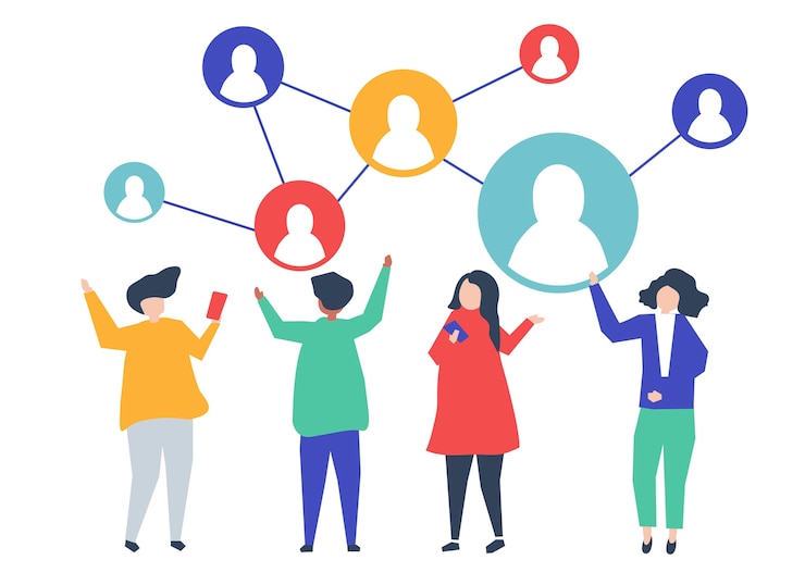 Vector gratuito personajes de personas y su ilustración en redes sociales.
