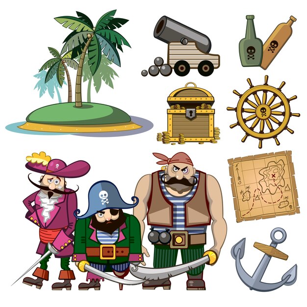 Personajes de piratas vectoriales en estilo de dibujos animados. Traje y palma, anzuelo e isla, tesoro de riqueza, mapa y ron, cañón e ilustración de aventura