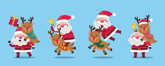 Vector gratuito personajes de santa claus en varias poses y escenas con renos. feliz navidad elemento de recorte tarjetas navideñas, invitaciones y decoración de celebración de sitio web. ilustración vectorial