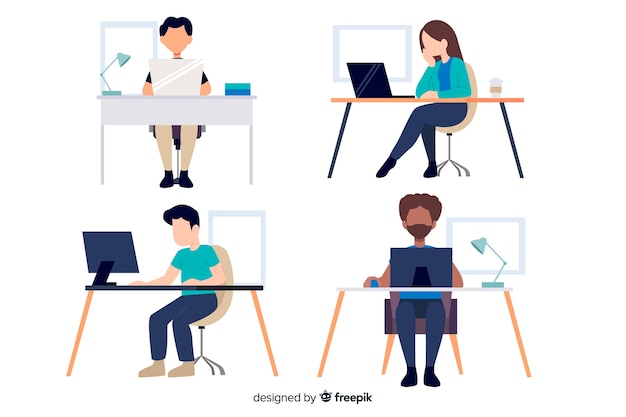 Personajes de trabajadores de oficina sentados en escritorios diseño plano