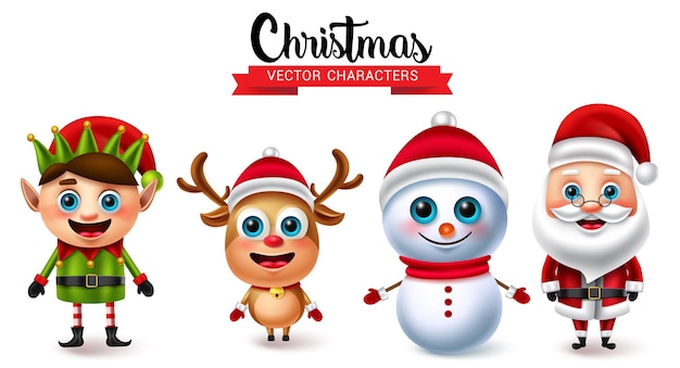 Personajes de vectores de navidad establecen personajes de navidad como muñeco de nieve elfo reno y santa claus